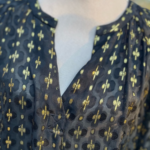 DIANE von FURSTENBERG Black Sheer Blouse, Gold Metallic Detail, 12, EUC - Picture 10 of 12